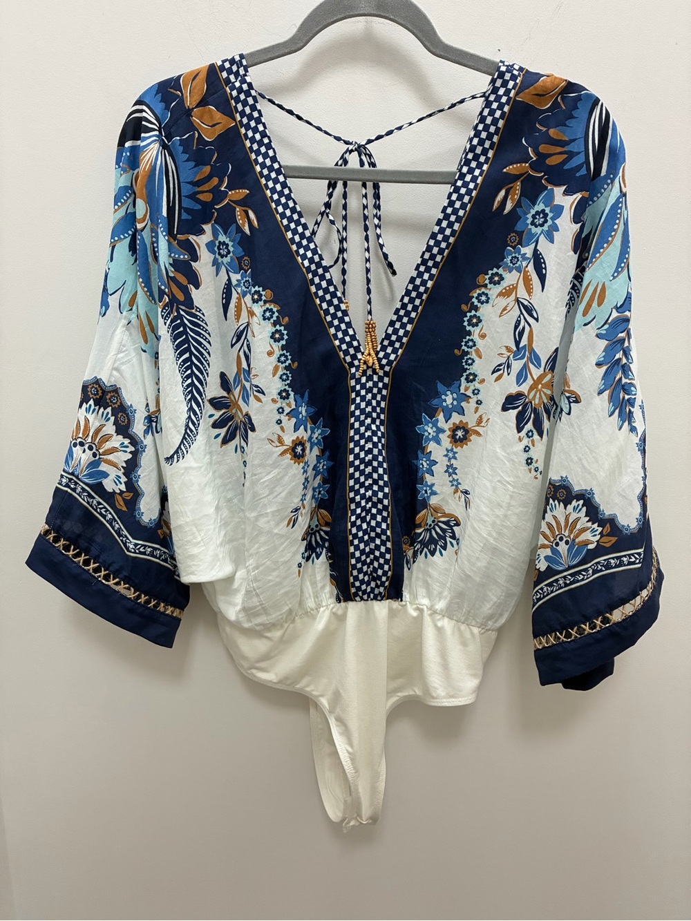 Farm Rio Boho Floral Navy & White V-Neck Women’s Top and Bodysuit